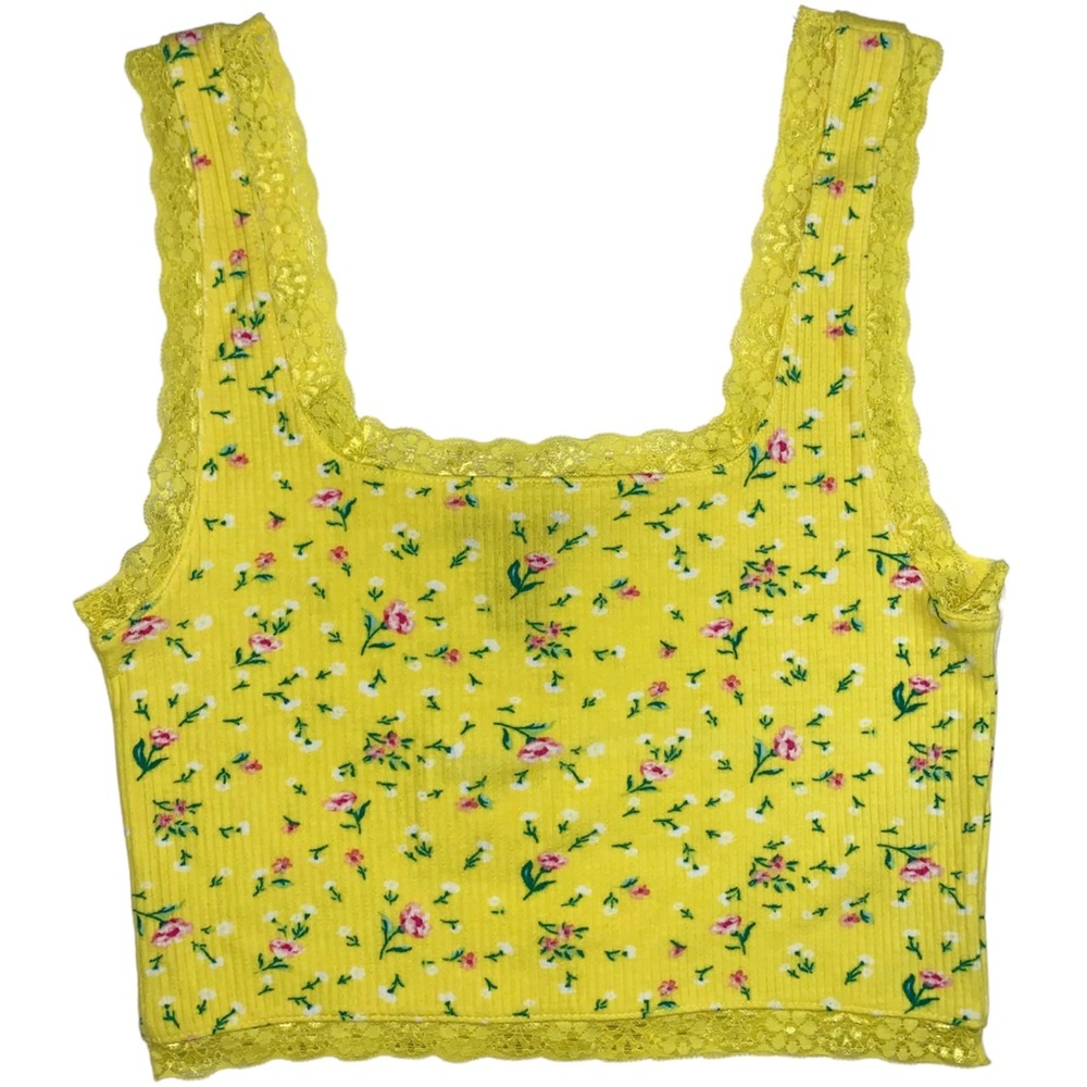 F21 Yellow Floral Lace-Trim Ribbed Knit Crop Tank Top